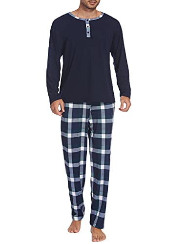 Ekouaer Herren Schlafanzug Lang Baumwolle Pyjama Set Schlafanzüge für Herren Zweiteiliger Nachtwäsche Langarm Shirt Taschen Loungehose Band Nightwear Dunkelblau M von Ekouaer