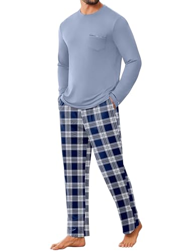 Ekouaer Herren Schlafanzug Lang - Nightwear Set Rundhals Nachtwäsche Langarmshirt und Pyjamahose für Männer, Blau, L von Ekouaer