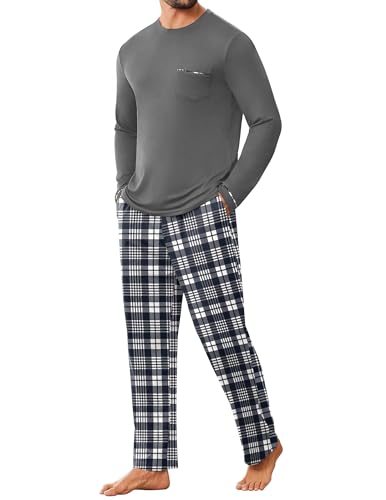 Ekouaer Herren Schlafanzug Lang - Nightwear Set Rundhals Nachtwäsche Langarmshirt und Pyjamahose für Männer, Dunkelgrau, L von Ekouaer