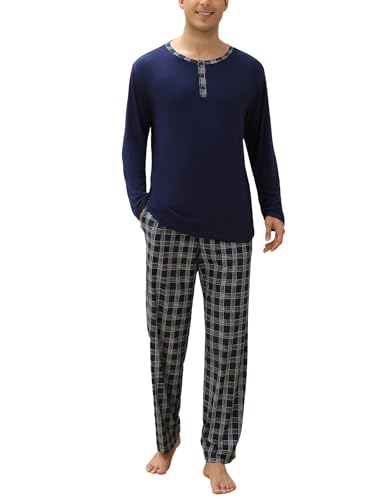 Ekouaer Herren Schlafanzug Lang Pyjama Baumwolle Winter Zweiteilige Pyjamas mit Langarmshirt und Schlafanzughose für Männer von Ekouaer