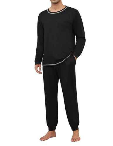 Ekouaer Herren Schlafanzug Lang Pyjamas Nachtwäsche Zweiteiliger Langarmshirt und Schlafanzughose für Männer Schwarz XXL von Ekouaer