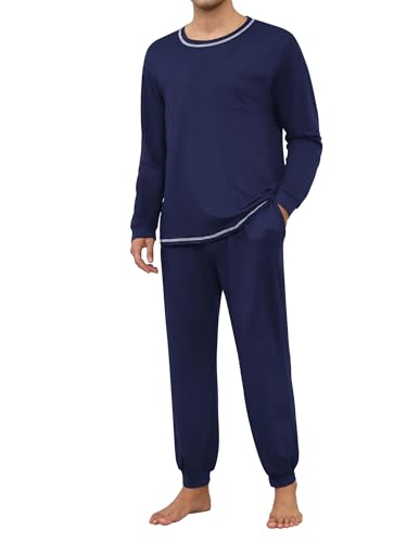 Ekouaer Herren Schlafanzug Lang Schlafanzüge Baumwolle Zweiteiliger Pyjama Herren Langarm Shirt & Schlafanzughose Navyblau XXL von Ekouaer