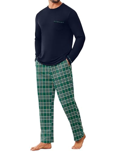 Ekouaer Herren Schlafanzug Lang mit Taschen Winter Pyjamas Langarmshirt und Pyjamahose Männer, Navy, XL von Ekouaer