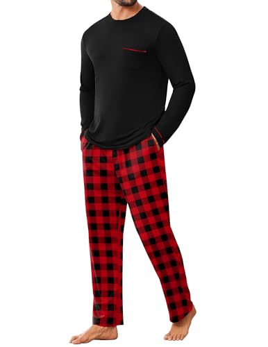 Ekouaer Herren Schlafanzug Lang mit Taschen Winter Pyjamas Langarmshirt und Pyjamahose Männer, Schwarz, XL von Ekouaer