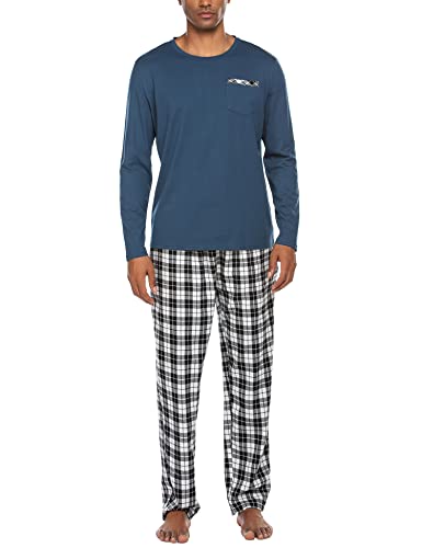 Ekouaer Herren Schlafanzug lang mit Bündchen aus Baumwolle Zweiteiliger Pyjama Herren lang, Langarm Shirt & Schlafanzughose Blau XL von Ekouaer