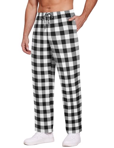 Ekouaer Sommerhose Herren Pyjamahose Kariert Weich Atmungsaktiv Schlafanzughose Herren Lang Loungewear Pyjama Hose mit Taschen Schwarz Weiß S von Ekouaer