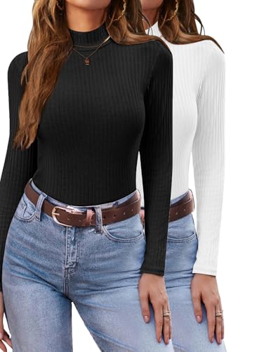 Ekouaer Damen Leichter Rollkragenpullover Thermo Top Winter Unterhemd Langarmshirt Slim Fit Basic Tops Rollkragenshirt, Schwarz+Weiß, XL von Ekouaer