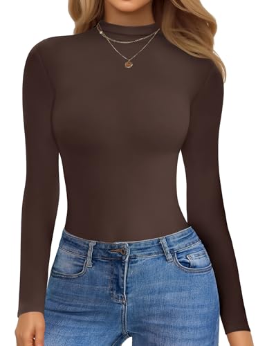 Ekouaer High Neck Top Damen Langarmshirt Warm Thermo Unterhemd Langarm Oberteil Slim Fit Winter, Braun, S von Ekouaer