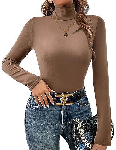 Ekouaer High Neck Top Damen Unterhemd Winter Langarmshirt Warm Thermo Rollkragenshirt Slim Fit Basic Tops, Braun, XXL von Ekouaer