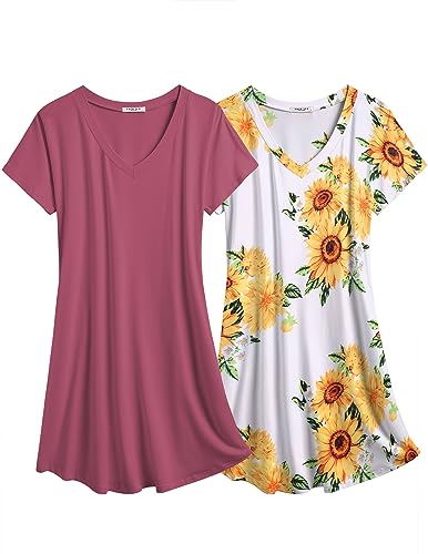 Ekouaer Kurzarm Nachthemd 2 Stück Packung Damen Nachthemden mit Taschen Zweiteiliger, Dunkelrosa+Sonnenblume, XL von Ekouaer