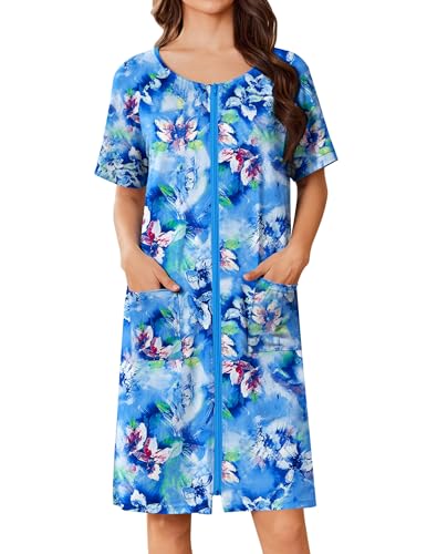 Ekouaer Kurzer Damen-Bademantel mit Reißverschluss, leicht, Blumendruck, Hauskleid mit Taschen, Nachthemd, Größe S-3XL, Dunkelblaues Blumenmuster, Medium von Ekouaer