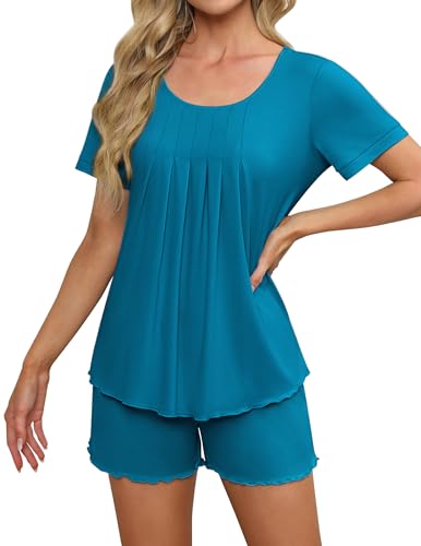 Ekouaer Kurzer Schlafanzug Damen Sommer Pyjama Set Kurzarm Shorts Nachtwäsche Loungewear,Türkis, L von Ekouaer