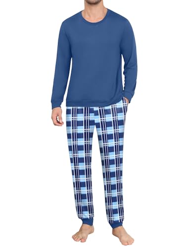 Ekouaer Lang Pyjama Herren Karierte Schlafanzüge für Herren Langarm Pjs mit Taschen Hausanzug, Hell-Blau, XXL von Ekouaer