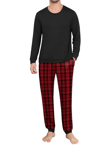 Ekouaer Lang Pyjama Set Herren Karierte Schlafanzüge Männer Langarmshirt und Schlafanzughose Nightwear, Schwarz4, XL von Ekouaer