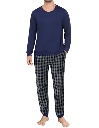 Ekouaer Lang Schlafanzug für Herren Karierte Pyjama Set Männer Pjs mit Kordelzug und Taschen Zweiteiliges, Dunkel-Blau, L von Ekouaer