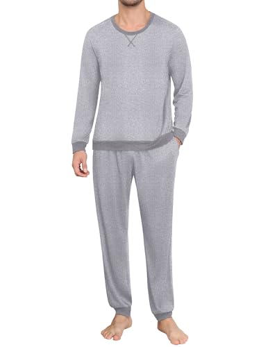 Ekouaer Lang Schlafanzug für Herren Karierte Pyjama Set Männer Pjs mit Kordelzug und Taschen Zweiteiliges, Hellgrau, L von Ekouaer