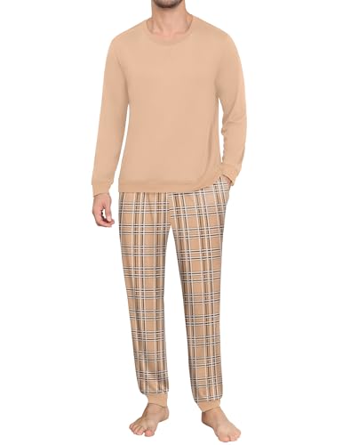 Ekouaer Lang Schlafanzug für Herren Karierte Pyjama Set Männer Pjs mit Kordelzug und Taschen Zweiteiliges, Kamel, L von Ekouaer
