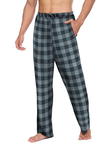 Ekouaer Herren Pyjamahose Lang Weich Atmungsaktiv Pyjamahose Kariert Herren PJ Hose mit Taschen und Knopfleiste Grau Schwarz XL von Ekouaer
