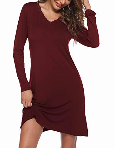 Ekouaer Langarm-Nachthemden für Frauen, sexy Spitzen-Nachthemd, V-Ausschnitt, Schlafshirt, weiche Nachtwäsche, C-Wine Red, Medium von Ekouaer