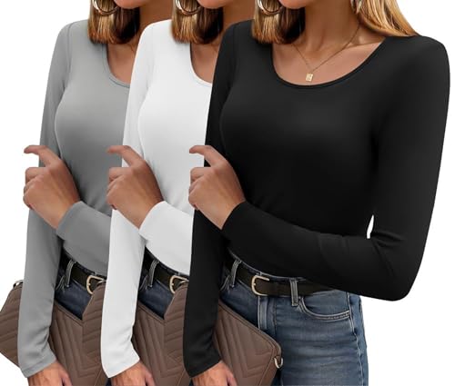 Ekouaer Langarmshirt Damen 3er Pack Basic Oberteile Körpernah Thermo Unterhemd Tailliertes Langarmshirt Warm Tops, Schwarz + Hellgrau + Weiß L von Ekouaer