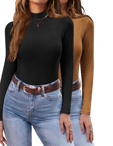 Ekouaer Damen Leichter Rollkragenpullover Thermo Top Winter Unterhemd Langarmshirt Slim Fit Basic Tops Rollkragenshirt, Schwarz+Braun, XL von Ekouaer