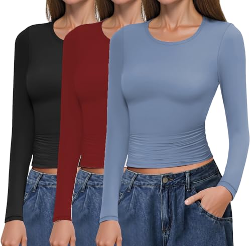 Ekouaer Langarmshirt Damen Set Longsleeve Unterwäsche Basic T-Shirt Slim Fit Thermo Oberteil Schwarz+Türkis+Rot S von Ekouaer