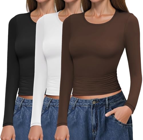 Ekouaer Langarmshirt Damen Set Longsleeve Unterwäsche Basic T-Shirt Slim Fit Thermo Oberteil Schwarz+Weiß+Braun S von Ekouaer