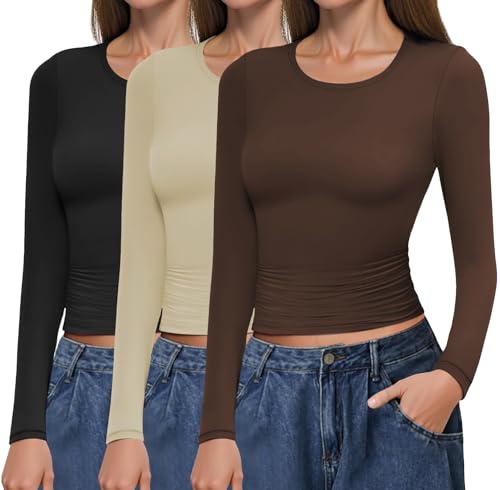 Ekouaer Langarmshirt Damen Set Weich Unterziehshirt Longsleeve Thermo Oberteil Basic Top Schwarz+Braun+Beige XXL von Ekouaer