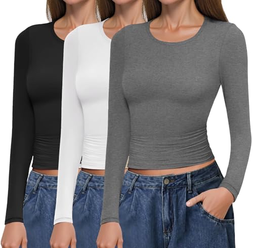 Ekouaer Langarmshirt Damen Set Weich Unterziehshirt Longsleeve Thermo Oberteil Basic Top Schwarz+Weiß+Grau XXL von Ekouaer