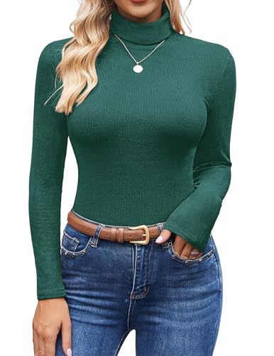Ekouaer Langarmshirt Damen Strickpullover Damen Langarm Unterhemd Winter Leichte Basisschicht Thermo-Shirt Slim Fit Oberteil Hoher Kragen Strickpulli Elegant, Grün, XXL von Ekouaer