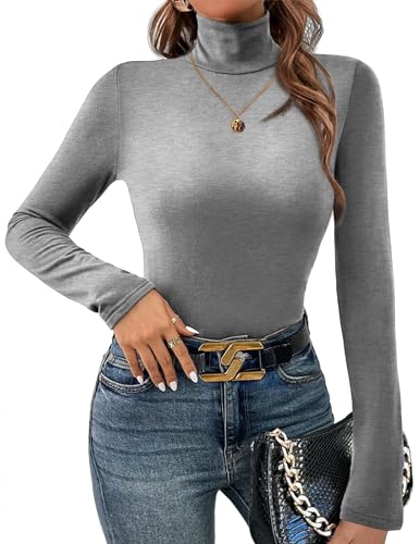 Ekouaer Langarmshirt Damen Thermo Winter High Neck Top Rollkragenshirt Slim Fit Basic Tops Warm Thermo Oberteile, Grau, XL von Ekouaer