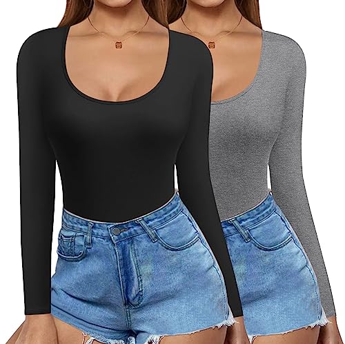 Ekouaer Langarmshirt Damen Warm Thermo Slim Fit Y2K Oberteile Basic Shirt Damen Langarm Crop Tops Casual Rundhals T-Shirt Longsleeve, Schwarz+Grau, M von Ekouaer