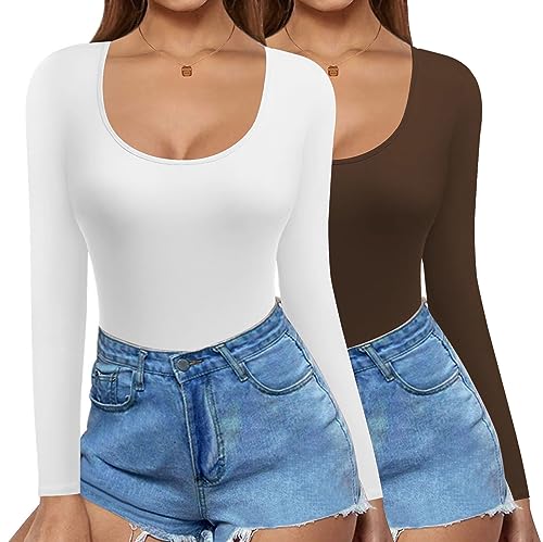 Ekouaer Langarmshirt Multipack Damen Slim Fit Y2K Oberteile Basic Shirt Damen Langarm Crop Tops Casual Rundhals T-Shirt 2pcs, Weiß+Braun, L von Ekouaer