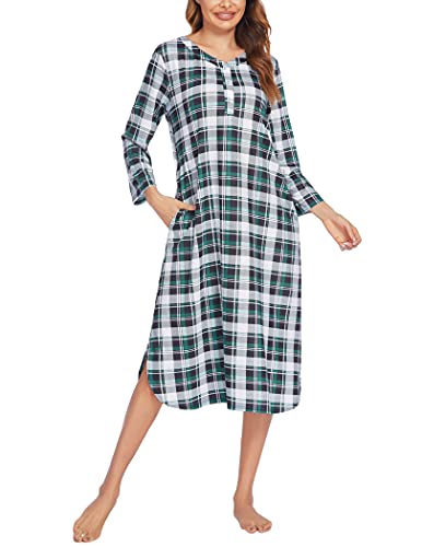 Ekouaer Lange Nachthemden für Damen, kariert, weich, locker, 3/4-Ärmel, Übergröße, Hausmantel mit Knöpfen und Taschen, Grünes Plaid, X-Large von Ekouaer