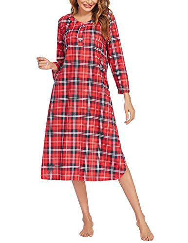 Ekouaer Lange Nachthemden für Damen, kariert, weich, locker, 3/4-Ärmel, Übergröße, Hausmantel mit Knöpfen und Taschen, Z_red Plaid, X-Large von Ekouaer