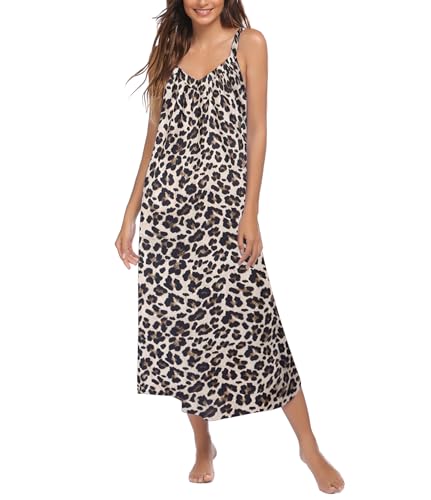 Ekouaer Langes Nachthemd, sexy, volle Slips, Nachtwäsche, Sommer, ärmellos, Nachthemd, lockeres Unterhemd, Lounge-Kleider für Damen, S-3XL, B_brown Leopardenmuster, Medium von Ekouaer