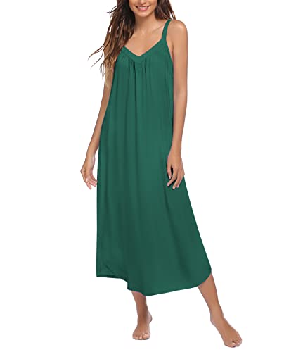 Ekouaer Langes Nachthemd, sexy, volle Slips, Nachtwäsche, Sommer, ärmellos, Nachthemd, lockeres Unterhemd, Lounge-Kleider für Damen, S-3XL, Dunkelgrün, Large von Ekouaer