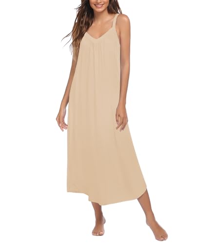 Ekouaer Langes Nachthemd, volle Slips, Nachtwäsche, ärmelloses Nachthemd, lockeres Unterhemd, Lounge-Kleider für Damen, S-3XL, Beige, X-Large von Ekouaer