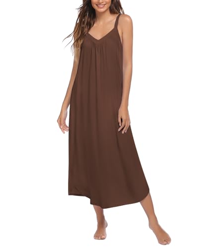 Ekouaer Langes Nachthemd, volle Slips, Nachtwäsche, ärmelloses Nachthemd, lockeres Unterhemd, Lounge-Kleider für Damen, S-3XL, Braun, XX-Large von Ekouaer