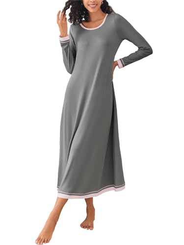 Ekouaer Langes Nachthemd Damen Langärmeliges Nachthemd Damen Sleepshirt Langarm Nachthemd Nachthemden Damen Große Größen Dark Grau XXL von Ekouaer