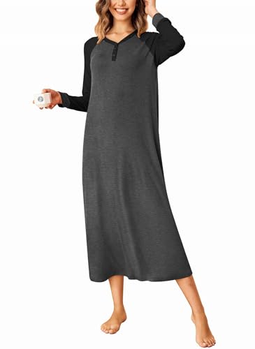 Ekouaer Langes Nachthemd Damen Langarm Nachtwäsche V Ausschnitt Loungewear Knopf volle Länge Nachtkleid, A-dark grey, XX-Large von Ekouaer