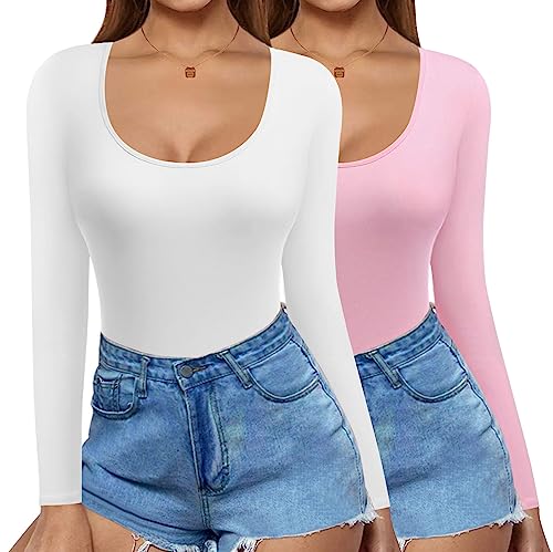 Ekouaer Longsleeve Damen Mode Langarmshirt Slim Fit Y2K Oberteile Basic Shirt Damen Langarm Crop Tops Casual Rundhals T-Shirt 2pcs, Weiß+Rosa, S von Ekouaer