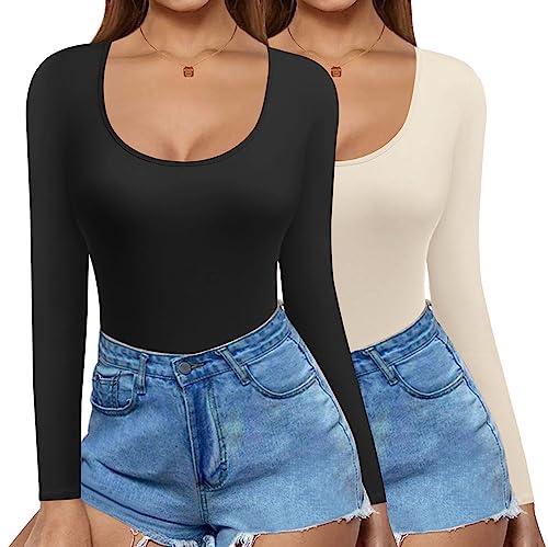 Ekouaer Longsleeve Langarmshirt Multipack Damen Slim Fit Oberteile Basic Langarm Shirts Crop Tops Casual Rundhals T-Shirt 2pcs, Beige+Schwarz, S von Ekouaer