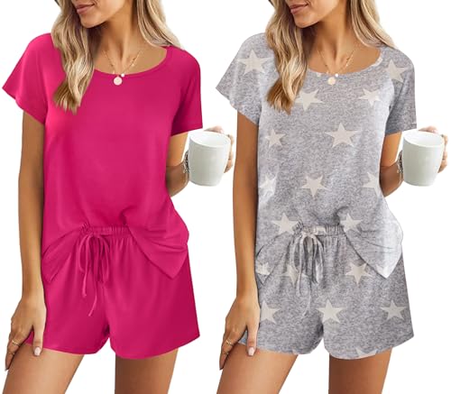 Ekouaer Schlafanzug Kurz Damen Kurzarm 2PCS Schlafanzug Rundhals Hausanzug Shorty Kurz Pyjama Druckdesign Zweiteiliger Pyjamahose, Magenta+Stern, XL von Ekouaer