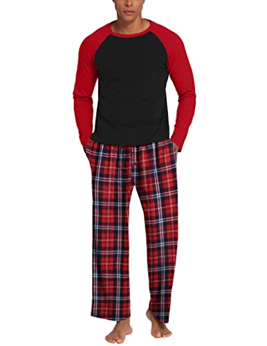 Ekouaer Loungewear für Herren Lang Winter Zweiteiliger Pyjama Set Karierte Schlafanzug Langehose, Kariert-Rot, XXL von Ekouaer