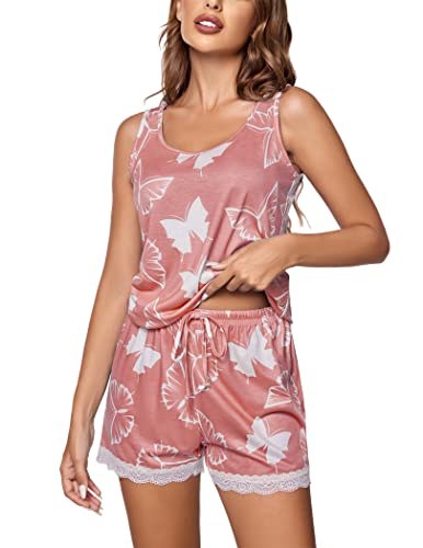 Ekouaer Mädchen Schlafanzug Damen Baumwolle Shorty Pyjama Set süße Nachtwäsche mit U Ausschnitt Freizeit Rosa Schmetterling XL von Ekouaer