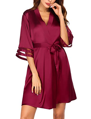 Ekouaer Morgenmantel Damen Kurz Kimono Bademantel Braut Nachtwäsche Sexy Robe Schlafmantel V Ausschnitt Negligee Kimono Einfarbig Kurzarm Weinrot XXL von Ekouaer