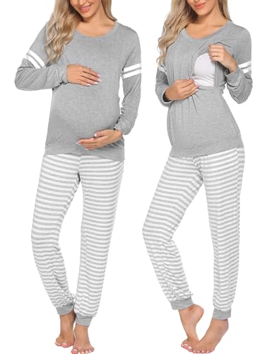 Ekouaer Mutterschafts- und Still-Pyjama-Sets mit langen Ärmeln, zum Stillen, Schlafanzüge mit Jogginghose für Krankenhaus. - Grau - Large von Ekouaer