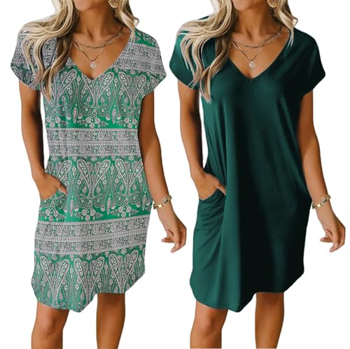 Ekouaer Damen Nachthemd Sommer Nachtkleid Kurzarm Zweiteiliger Sleepshirt Kurz V-Ausschnitt 2er Pack, Grün + Blumen, S Ekouaer Damen Nachthemd Sommer Nachtkleid Kurzarm Zweiteiliger Sleepshirt Kurz V-Ausschnitt 2er Pack, Grün + Blumen, S von Ekouaer