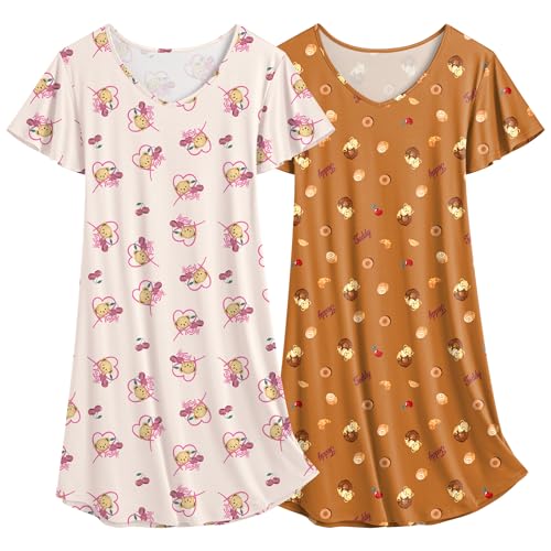 Ekouaer Nachthemd Damen 2er Pack Kurzarm Schlafshirt Negligee kurz Schlafhemd Kaki Doughnut Teddybär+ Aprikose Kirsche M von Ekouaer